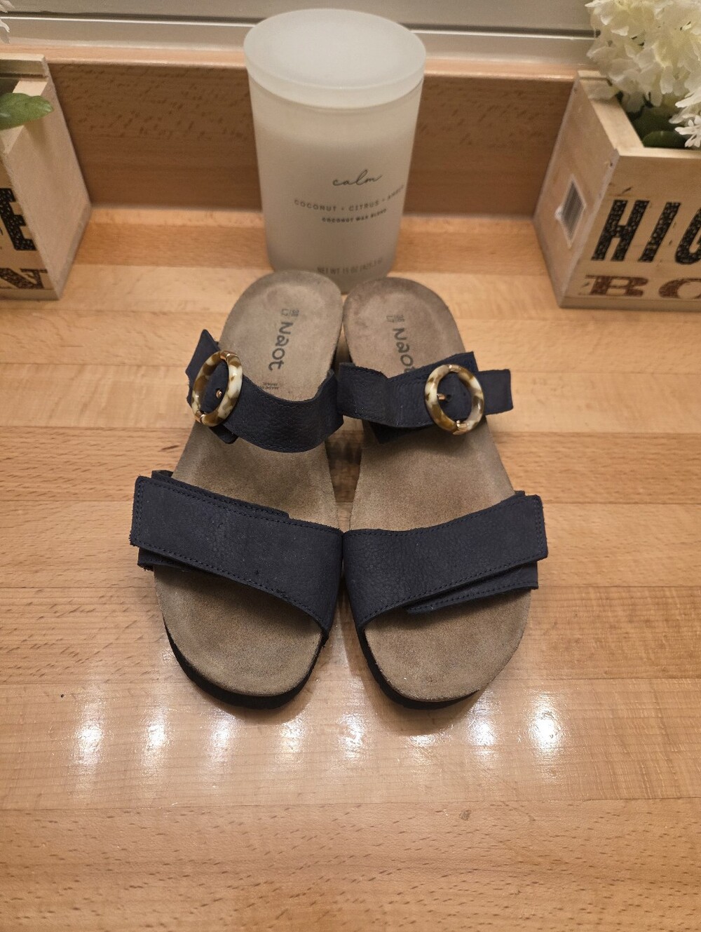 Naot Anabel Slide Sandals Navy Nubuck Tortoise Shell Buckle Womens Sz EU 38 US 7 - Picture 2 of 11